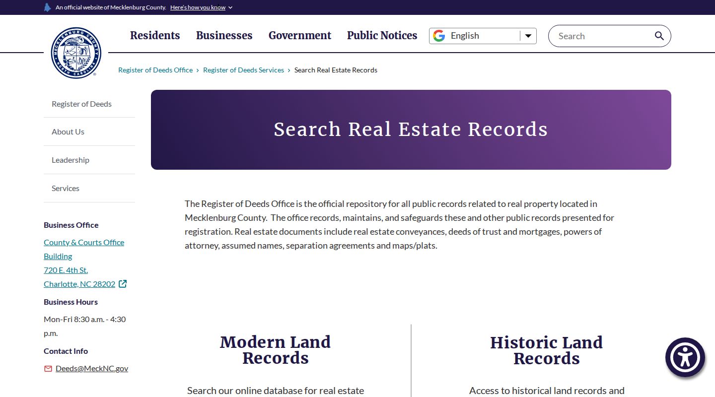 Mint Hill residents directory Register of Deeds records route