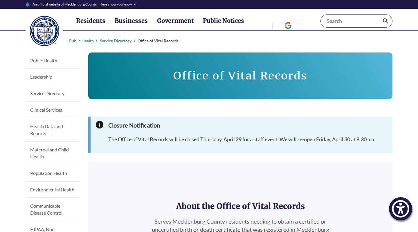 Mint Hill resident lookup Mecklenburg Office of Vital Records service page