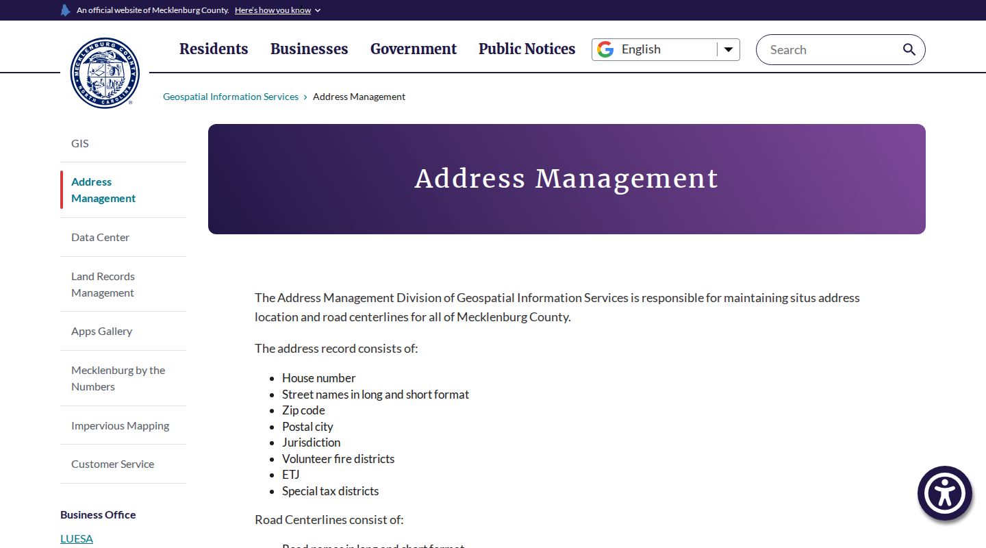 Mint Hill street directory GIS address management reference