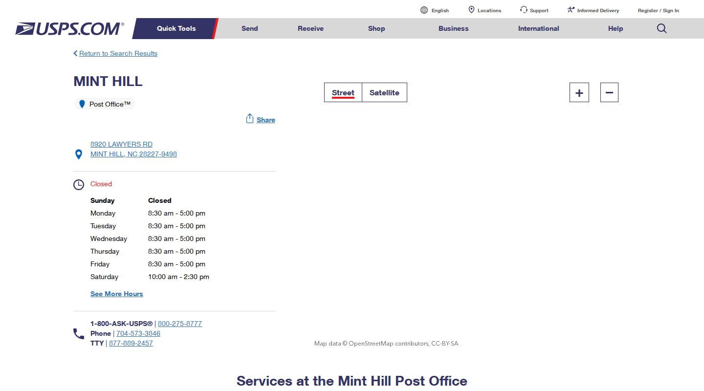 Mint Hill ZIP code directory reference for the USPS Mint Hill Post Office